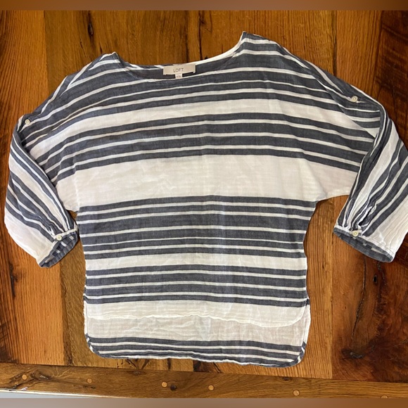 Loft 100% Cotton Blue and White Striped Top with Roll Tab Sleeves, Size XS - Picture 1 of 8